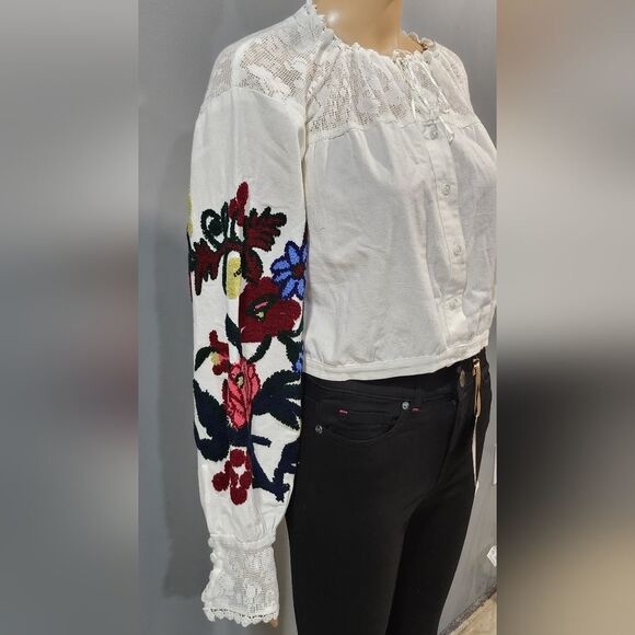 Nwt Free People Meadows Womens embroidered cropped cotton blouse Sz L - Picture 2 of 14
